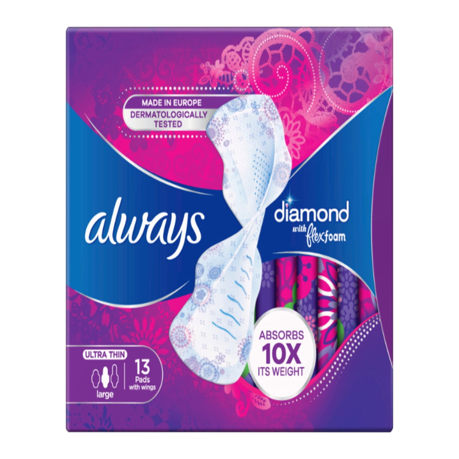 GETIT.QA- Qatar’s Best Online Shopping Website offers ALWAYS DIAMOND FLEXFOAM LARGE SANITARY PADS WITH WINGS 13 PCS at the lowest price in Qatar. Free Shipping & COD Available!