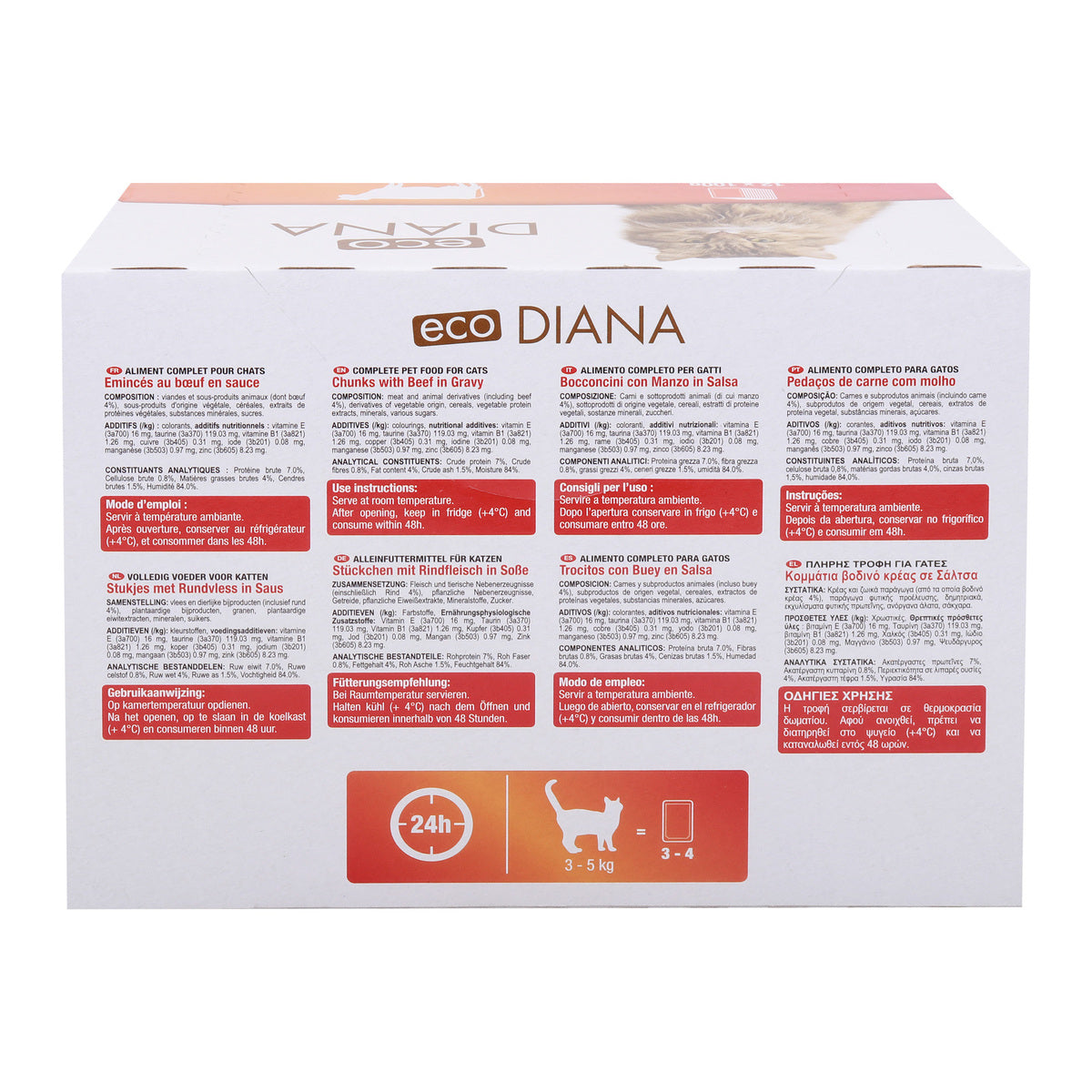 GETIT.QA- Qatar’s Best Online Shopping Website offers ECO DIANA CAT FOOD CHUNKS WITH BEEF IN GRAVY 12 X 100 G
 at the lowest price in Qatar. Free Shipping & COD Available!