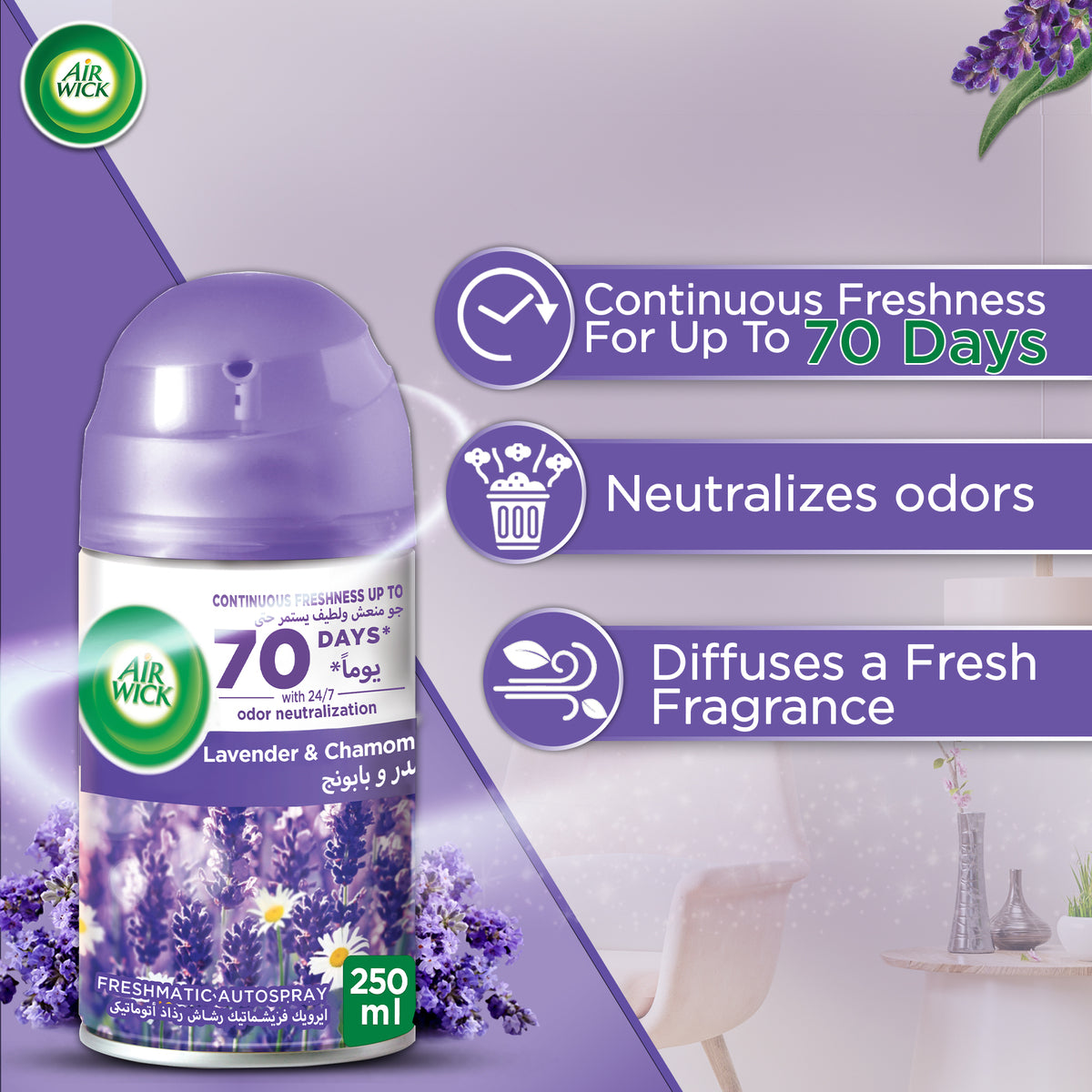 GETIT.QA- Qatar’s Best Online Shopping Website offers AIRWICK FRESHMATIC MAX REFILL WITH LAVENDER & CAMOMILE SCENT 3 X 250 ML at the lowest price in Qatar. Free Shipping & COD Available!