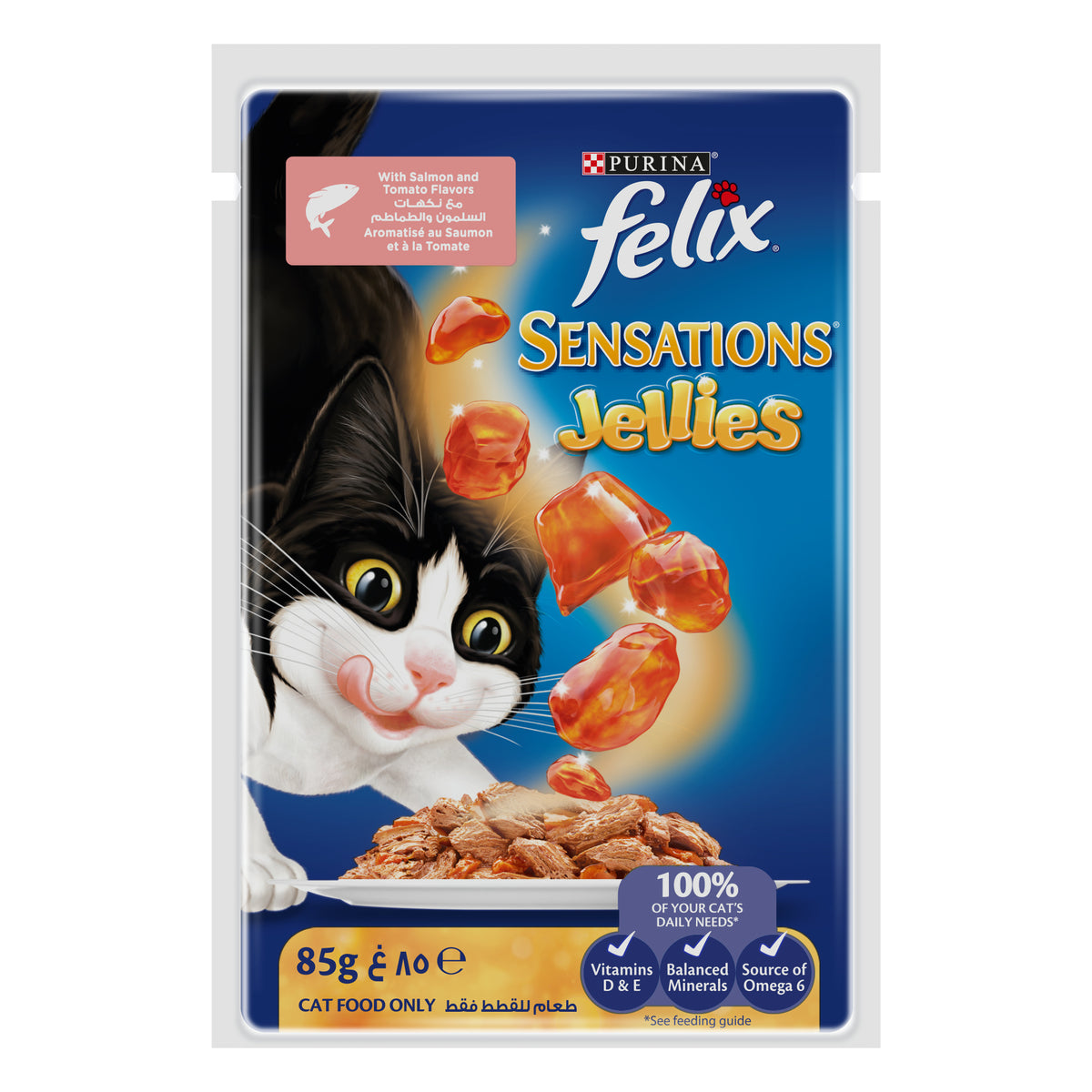 GETIT.QA- Qatar’s Best Online Shopping Website offers PURINA FELIX SENSATIONS JELLIES WITH SALMON AND TOMATO FLAVORS CAT FOOD 85 G
 at the lowest price in Qatar. Free Shipping & COD Available!
