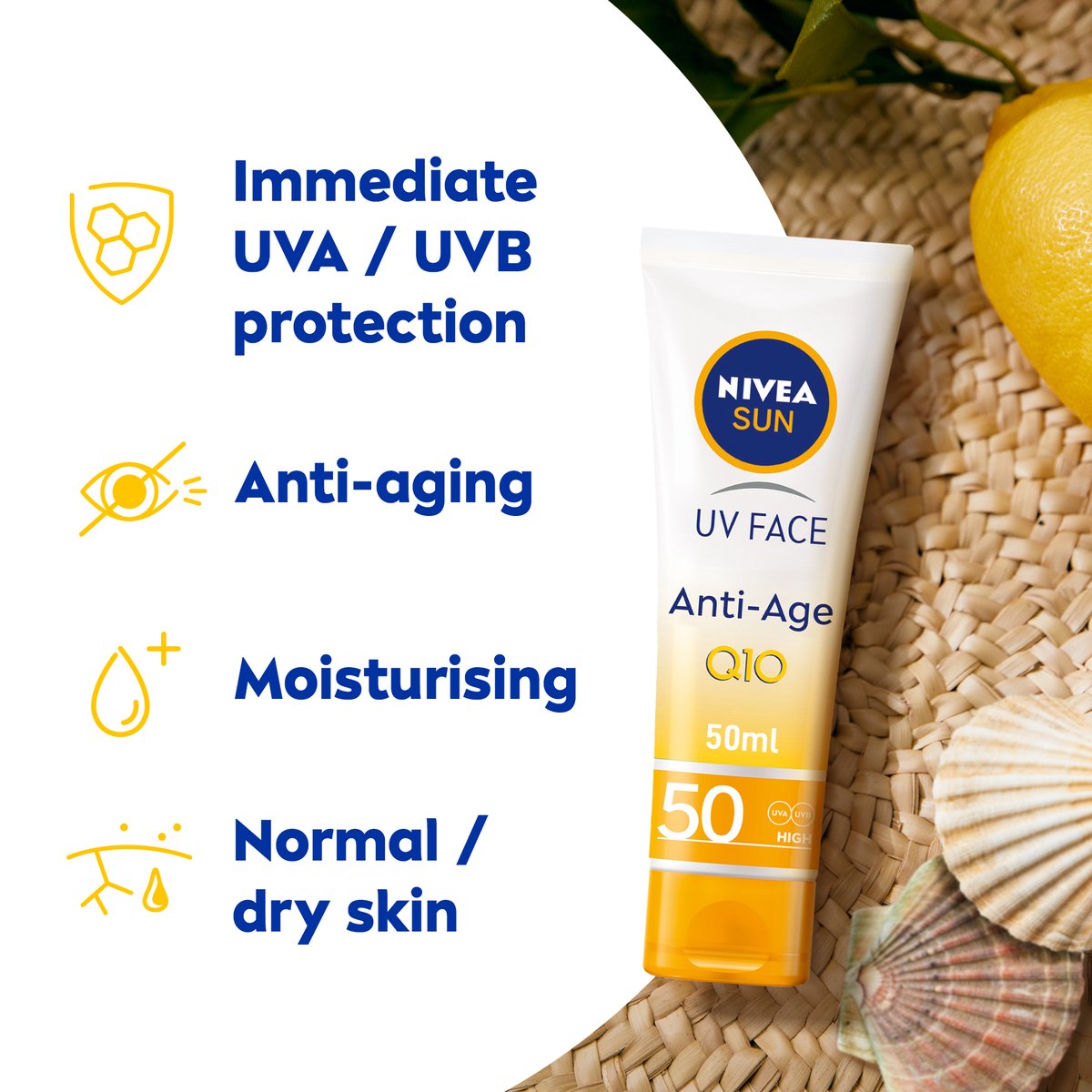 GETIT.QA- Qatar’s Best Online Shopping Website offers NIVEA SUN FACE CREAM UV ANTI-AGE SUNSCREEN SPF50 TUBE 50 ML at the lowest price in Qatar. Free Shipping & COD Available!