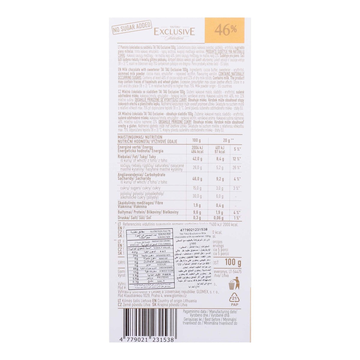 GETIT.QA- Qatar’s Best Online Shopping Website offers TAITAU EXC.COL 46%MILKCHC 100G at the lowest price in Qatar. Free Shipping & COD Available!