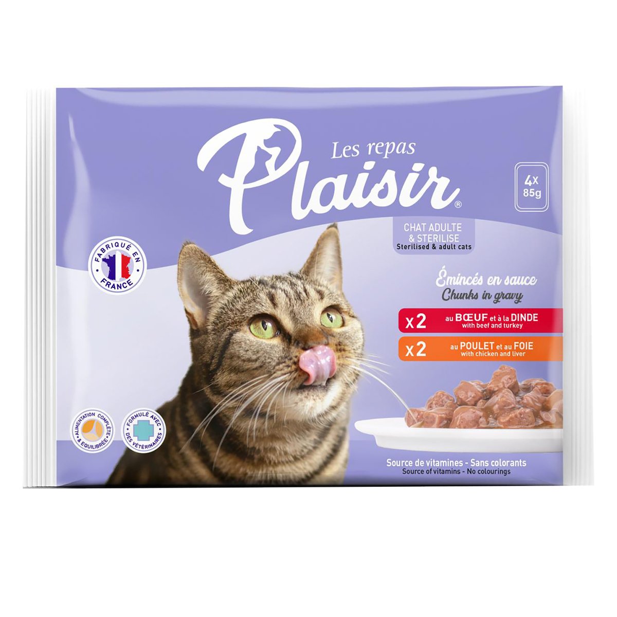 GETIT.QA- Qatar’s Best Online Shopping Website offers PLAISIR ADULT CAT FOOD BEEF & TURKEY CHICKEN & LIVER CHUNKS IN GRAVY 4 X 85 G
 at the lowest price in Qatar. Free Shipping & COD Available!