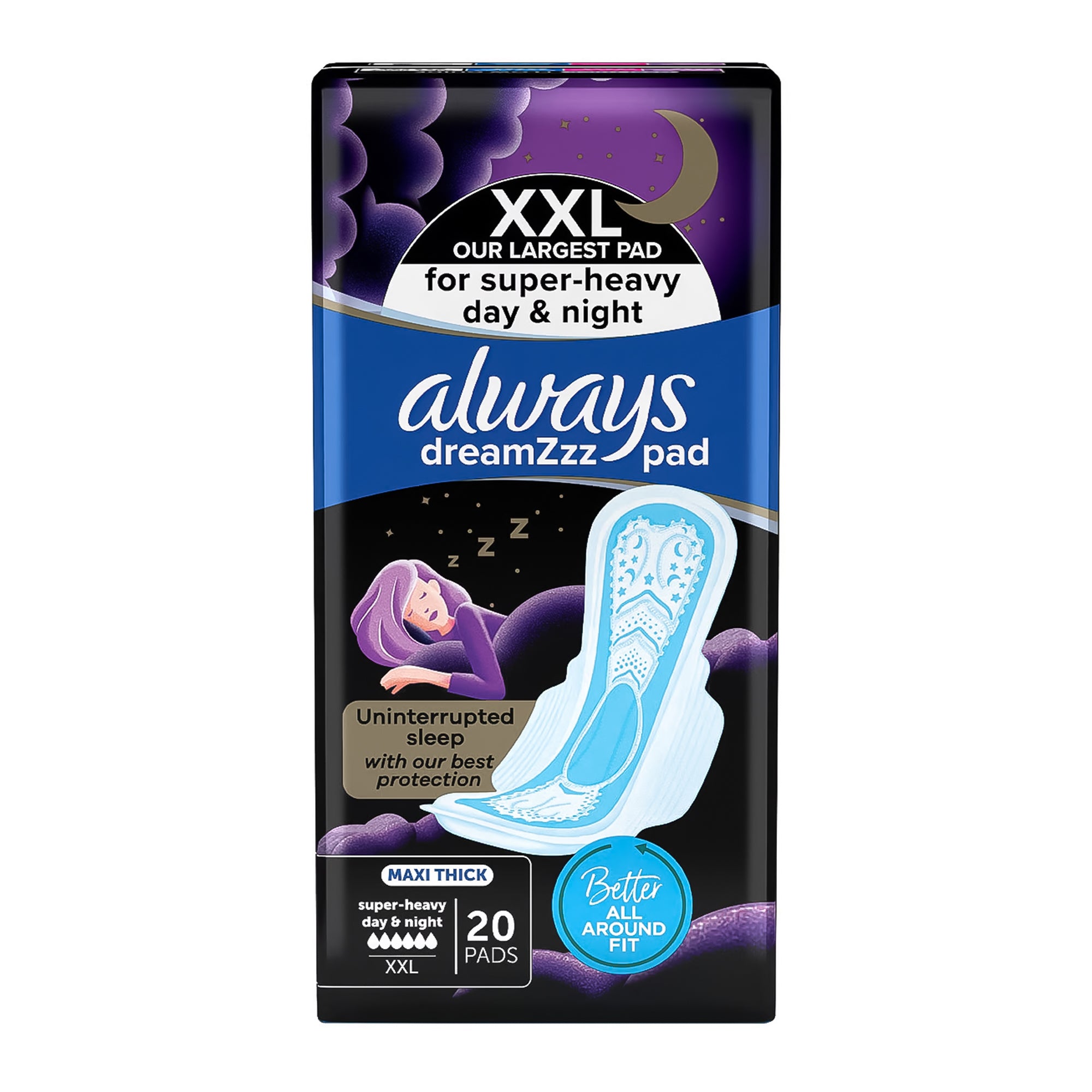 ALWAYS DREAMZZ PAD COTTON SOFT MAXI THICK NIGHT LONG SANITARY PADS WITH WINGS 20PCS - GETIT.QA