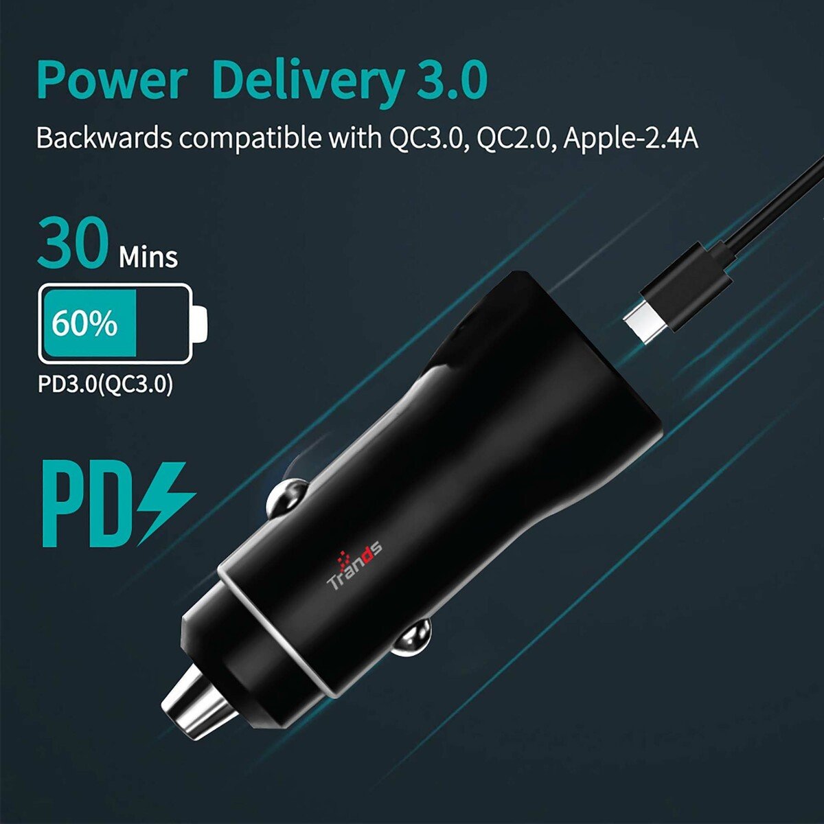 GETIT.QA- Qatar’s Best Online Shopping Website offers TRANDS 36W CAR CHARGER (TYPE-C & LIGHTNING CABLE)AD663, BLACK at the lowest price in Qatar. Free Shipping & COD Available!