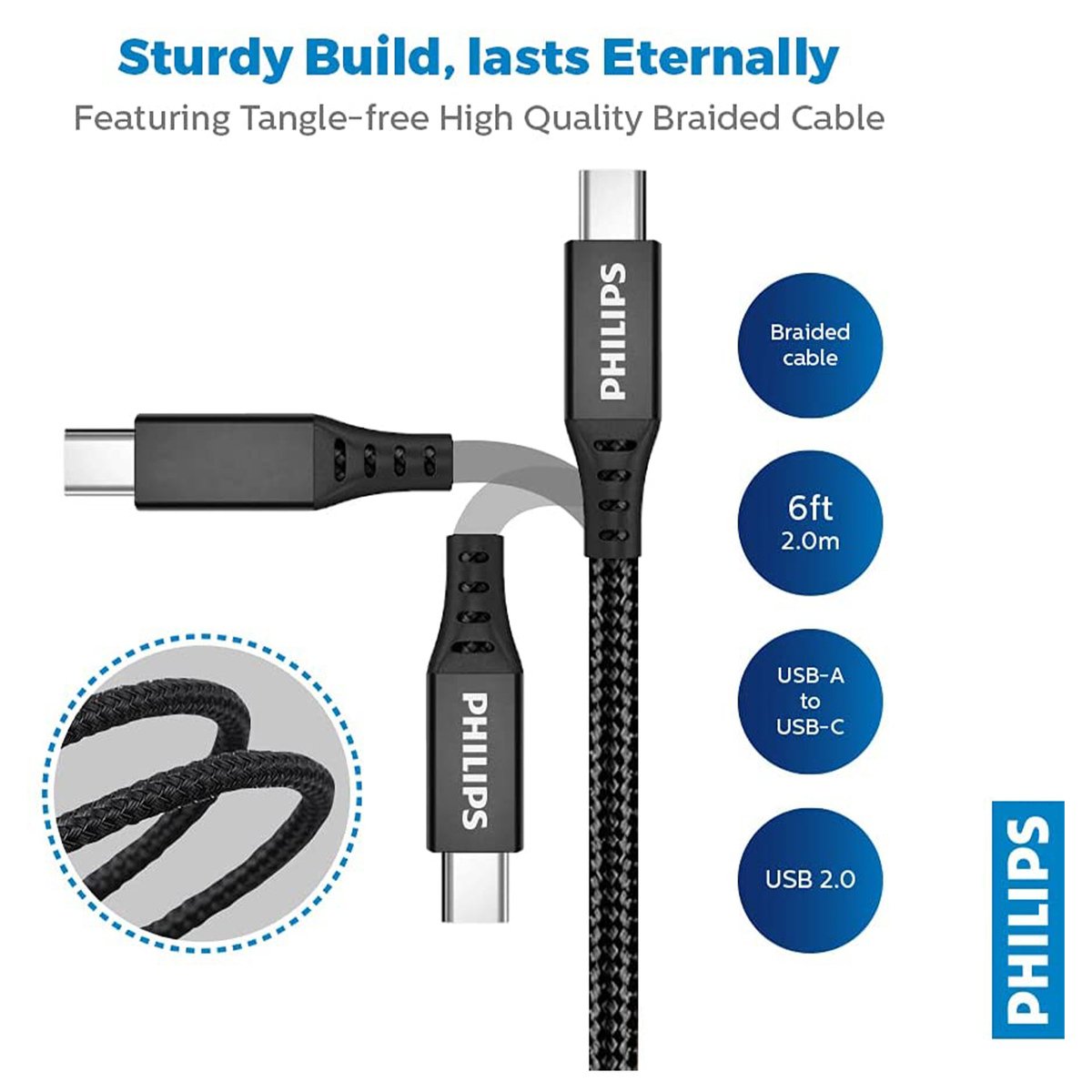 Philips USB-A to USB-C Braided Cable 2M DLC5206A/00 (Black) - GETIT.QA