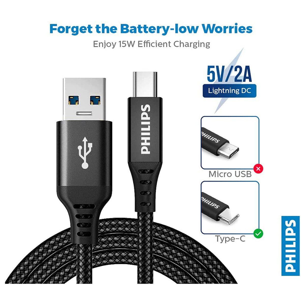 Philips USB-A to USB-C Braided Cable 2M DLC5206A/00 (Black) - GETIT.QA