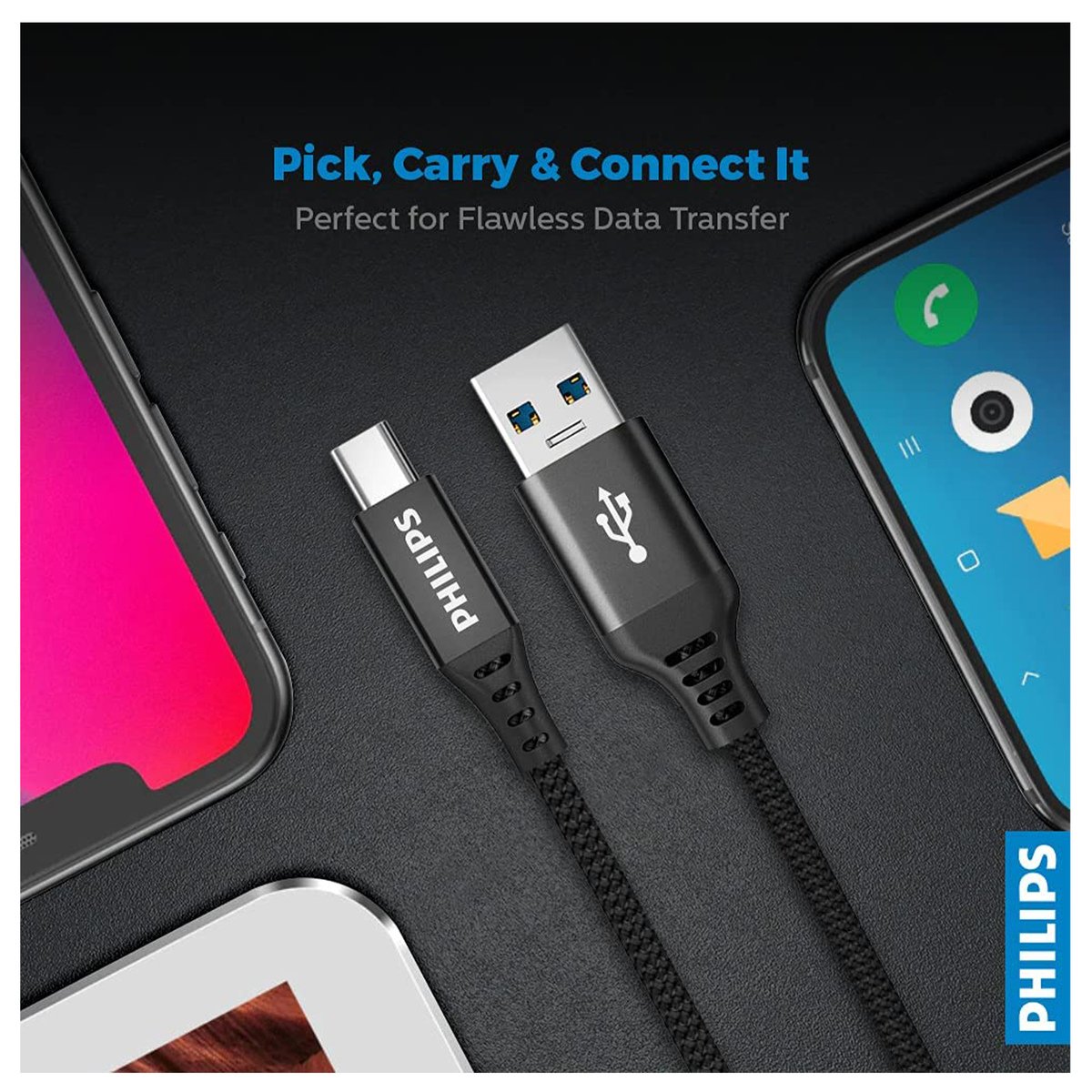 Philips USB-A to USB-C Braided Cable 2M DLC5206A/00 (Black) - GETIT.QA