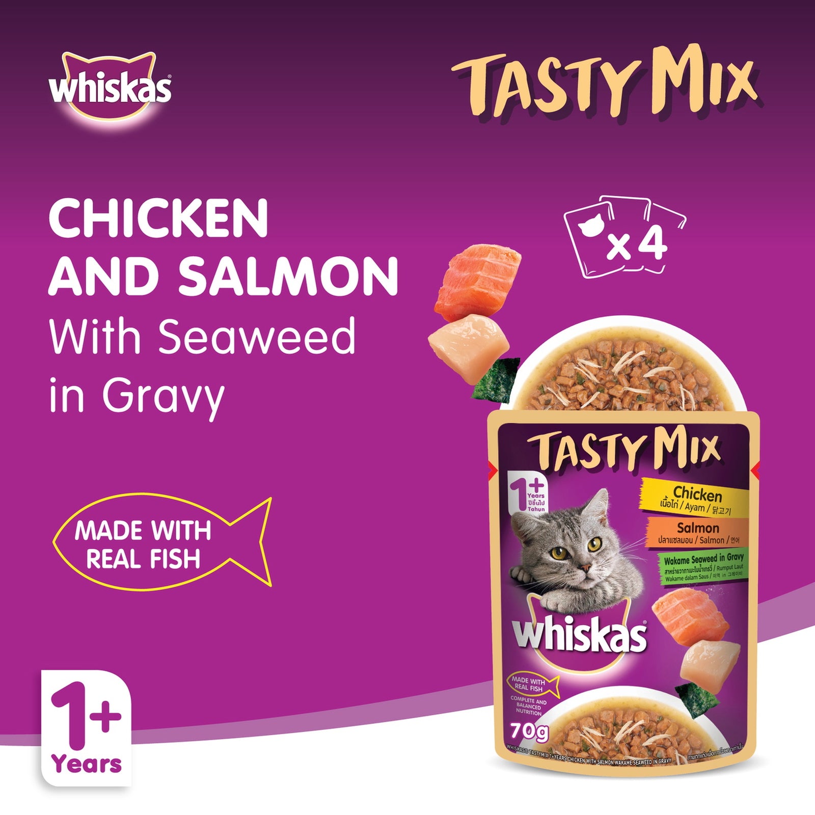 GETIT.QA- Qatar’s Best Online Shopping Website offers WHISKAS TASTY MIX CHICKEN & SALMON WITH SEAWEED WET CAT FOOD IN GRAVY FOR ADULT CATS AGED 1+ YEARS 4 X 70 G at the lowest price in Qatar. Free Shipping & COD Available!