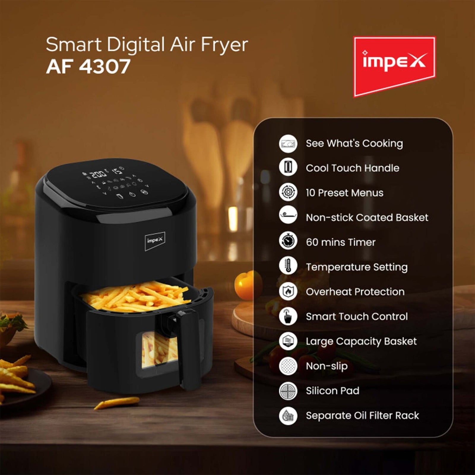 GETIT.QA- Qatar’s Best Online Shopping Website offers IMPEX DIGITAL AIR FRYER AF4307 4.5 LITRE at the lowest price in Qatar. Free Shipping & COD Available!