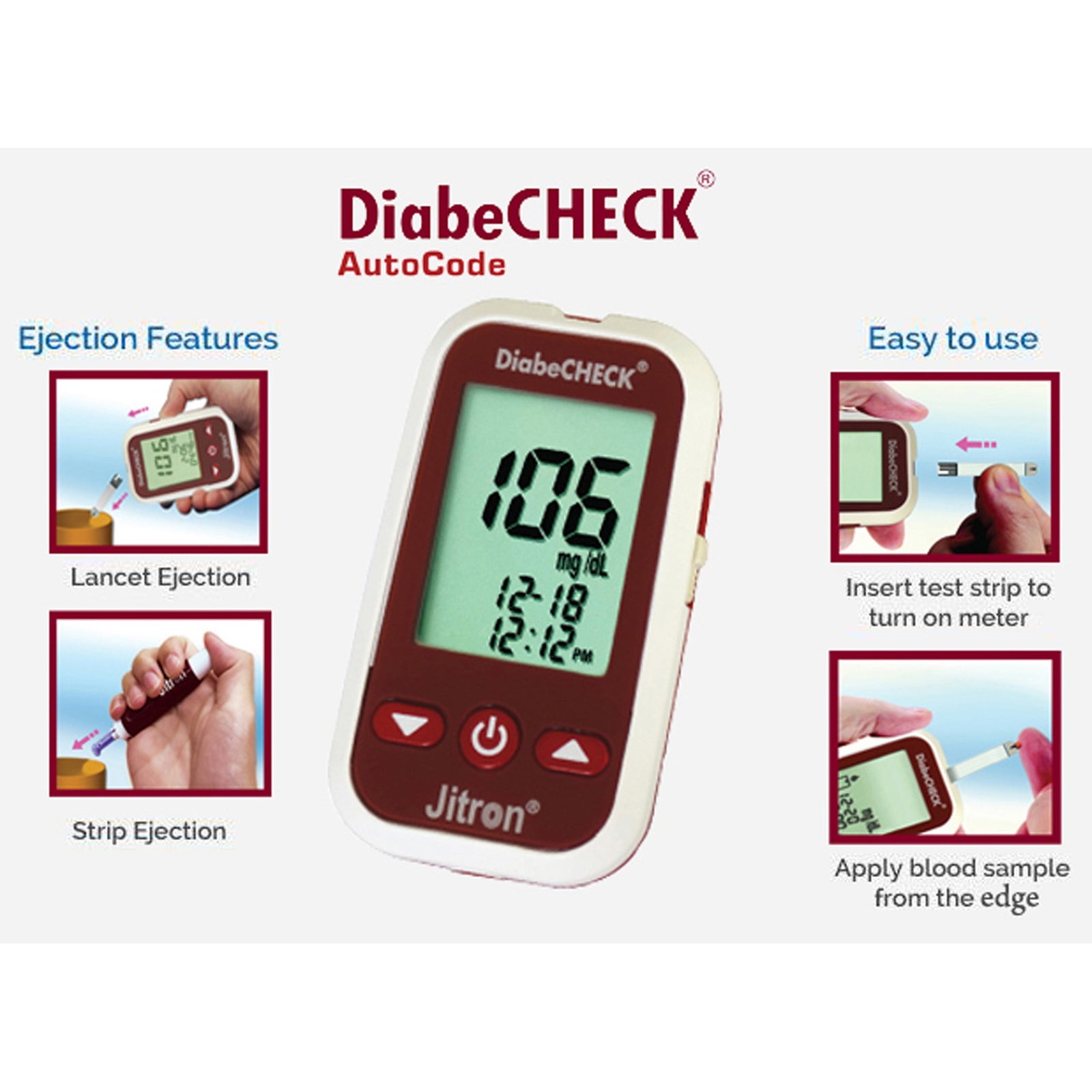 GETIT.QA- Qatar’s Best Online Shopping Website offers JITRON DIABECHECK BLOOD GLUCOSE MONITORING SYSTEM, DC- 302MS + 50 TEST STRIPS+ 1 PC LANCING DEVICE+ 25PC LANCETS at the lowest price in Qatar. Free Shipping & COD Available!