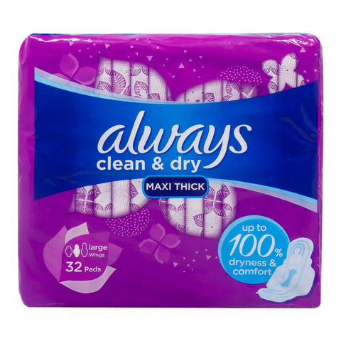 GETIT.QA- Qatar’s Best Online Shopping Website offers ALWAYS CLEAN & DRY MAXI THICK LARGE WITH WINGS SANITARY PAD 32PCS at the lowest price in Qatar. Free Shipping & COD Available!