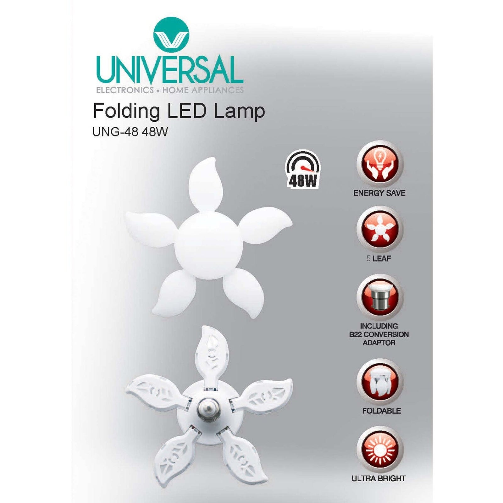 GETIT.QA- Qatar’s Best Online Shopping Website offers UNIVERSAL FOLDING LED LAMP/BULB 48WATT UNG-48 at the lowest price in Qatar. Free Shipping & COD Available!