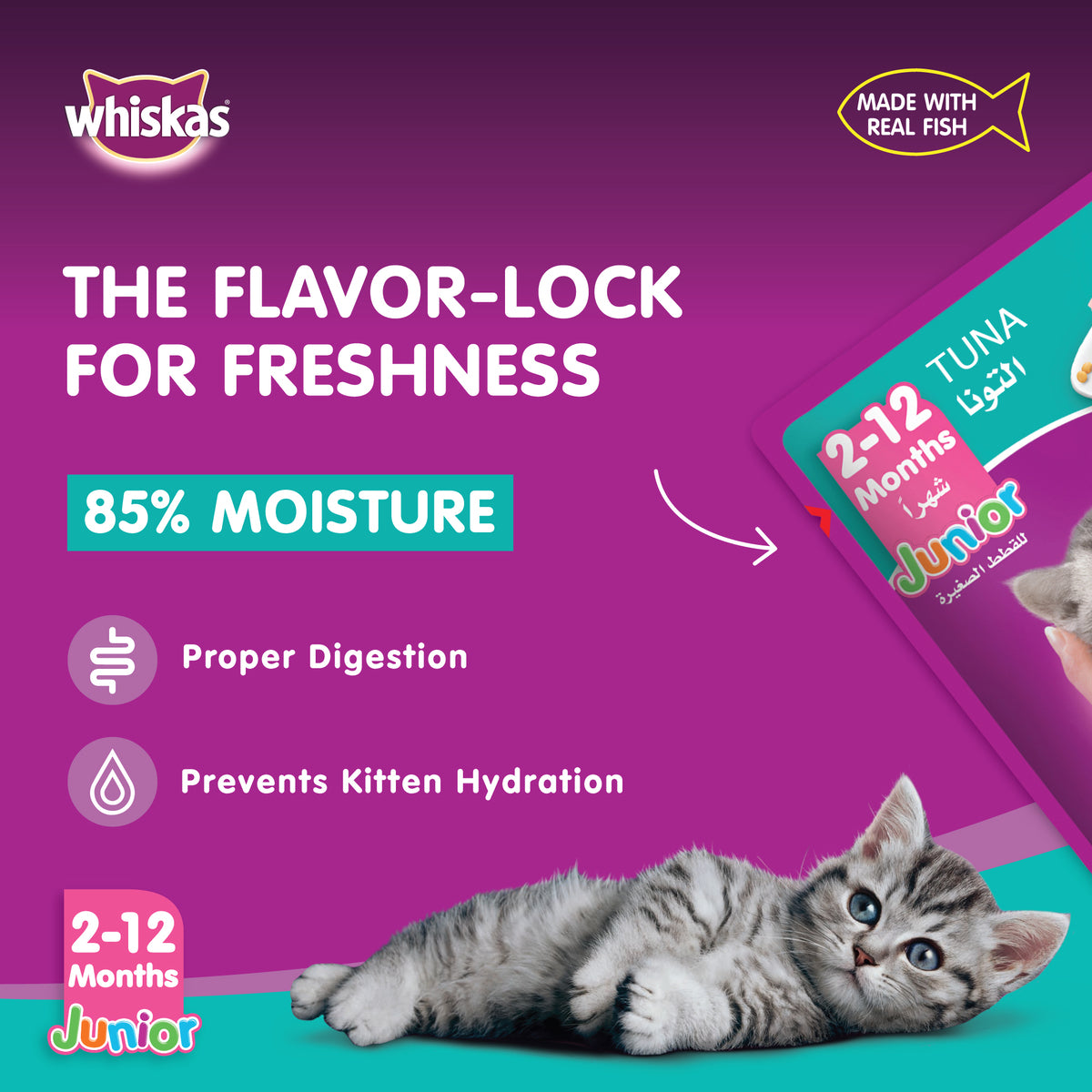 GETIT.QA- Qatar’s Best Online Shopping Website offers WHISKAS JUNIOR TUNA WET KITTEN FOOD POUCH FOR KITTENS FROM 2 TO 12 MONTHS 80 G at the lowest price in Qatar. Free Shipping & COD Available!