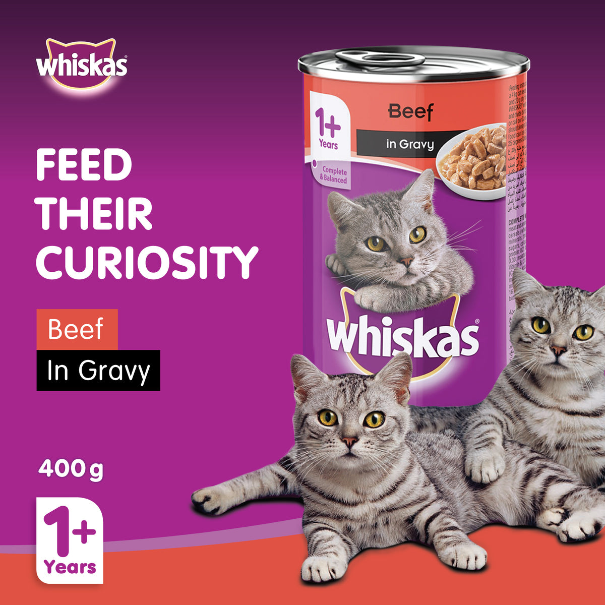 GETIT.QA- Qatar’s Best Online Shopping Website offers WHISKAS BEEF IN GRAVY CAN WET CAT FOOD FOR 1+ YEARS ADULT CATS 400 G at the lowest price in Qatar. Free Shipping & COD Available!