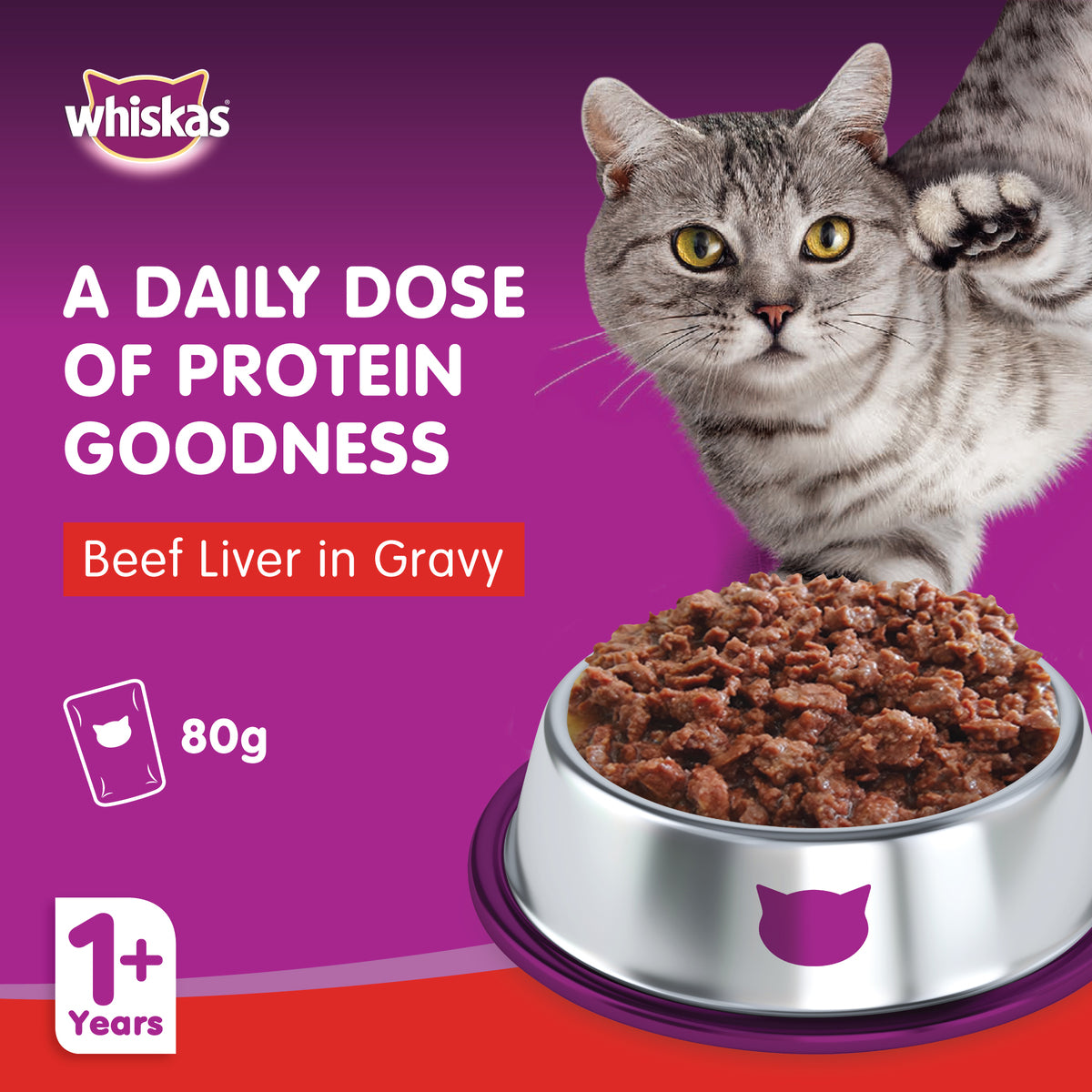 GETIT.QA- Qatar’s Best Online Shopping Website offers WHISKAS BEEF LIVER IN GRAVY WET CAT FOOD POUCH FOR 1+ YEARS ADULT CATS 80 G at the lowest price in Qatar. Free Shipping & COD Available!