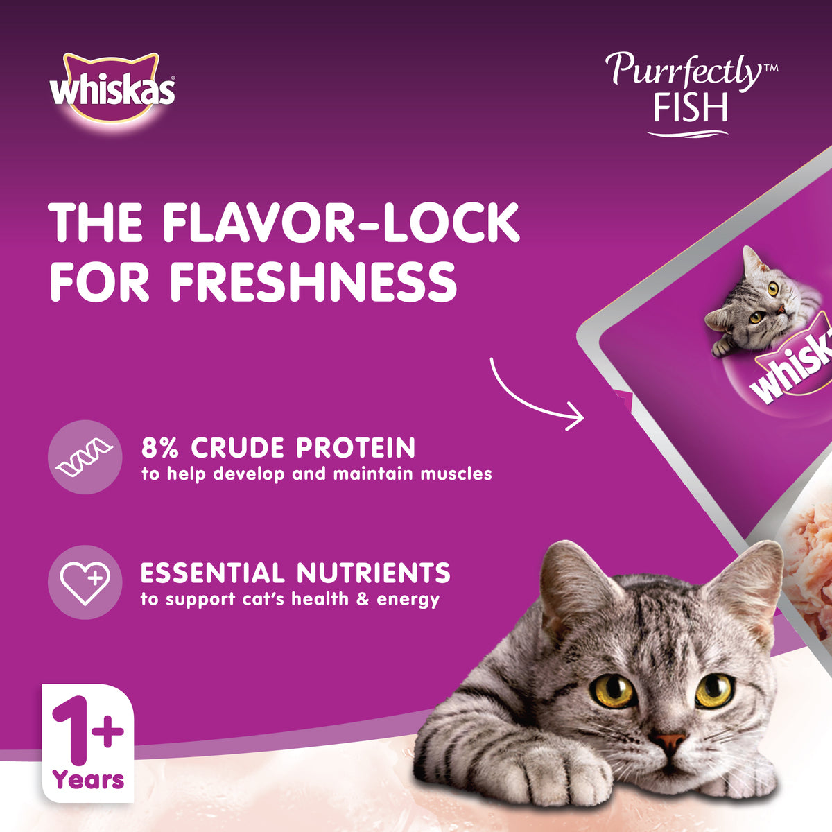 GETIT.QA- Qatar’s Best Online Shopping Website offers WHISKAS PURRFECTLY FISH WITH TUNA WET CAT FOOD FOR ADULT CATS 1+ YEARS 85G at the lowest price in Qatar. Free Shipping & COD Available!
