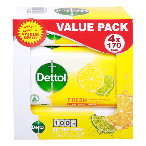 GETIT.QA- Qatar’s Best Online Shopping Website offers DETTOL FRESH ANTIBACTERIAL BAR SOAP-- VALUE PACK-- 4 X 170 G at the lowest price in Qatar. Free Shipping & COD Available!