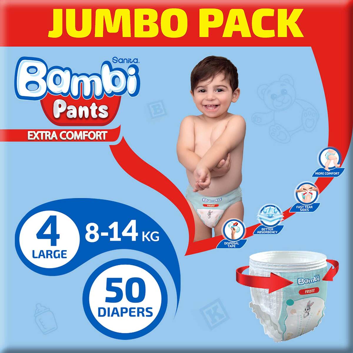 GETIT.QA- Qatar’s Best Online Shopping Website offers SANITA BAMBI BABY DIAPER PANTS SIZE 4 LARGE 8-14 KG 50 PCS at the lowest price in Qatar. Free Shipping & COD Available!