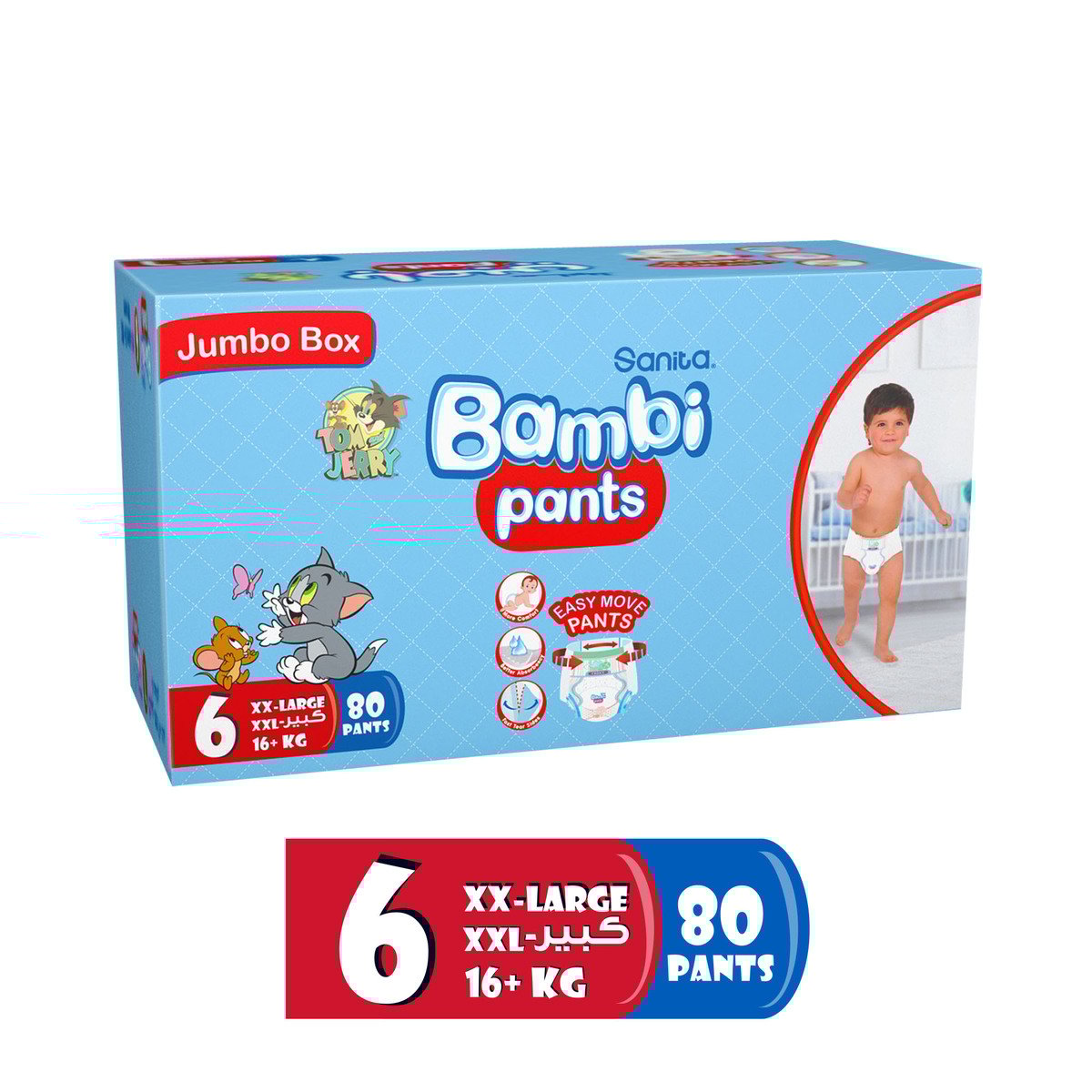 GETIT.QA- Qatar’s Best Online Shopping Website offers SANITA BAMBI BABY DIAPER PANTS SIZE 6 EXTRA LARGE 16+KG 80PCS at the lowest price in Qatar. Free Shipping & COD Available!