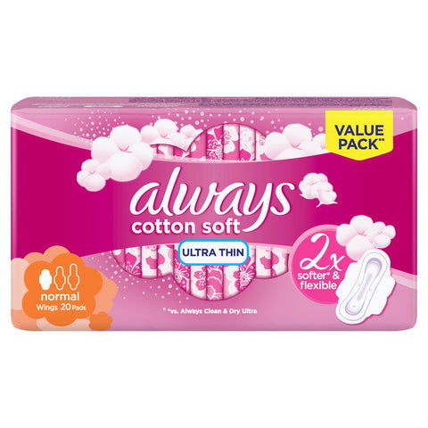 GETIT.QA- Qatar’s Best Online Shopping Website offers ALWAYS ULTRA COTTON SOFT SANITARY PADS WITH WING NORMAL 20PCS at the lowest price in Qatar. Free Shipping & COD Available!