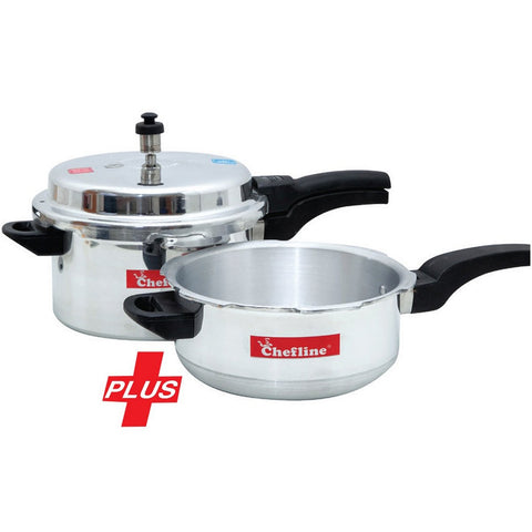 GETIT.QA- Qatar’s Best Online Shopping Website offers CHEFLINE ALUMINIUM PRESSURE COOKER 5LTR + PRESSURE PAN at the lowest price in Qatar. Free Shipping & COD Available!