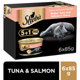 GETIT.QA- Qatar’s Best Online Shopping Website offers SHEBA FLAKED TUNA TOPPED WITH SALMON CAT FOOD 6 X 85 G
 at the lowest price in Qatar. Free Shipping & COD Available!