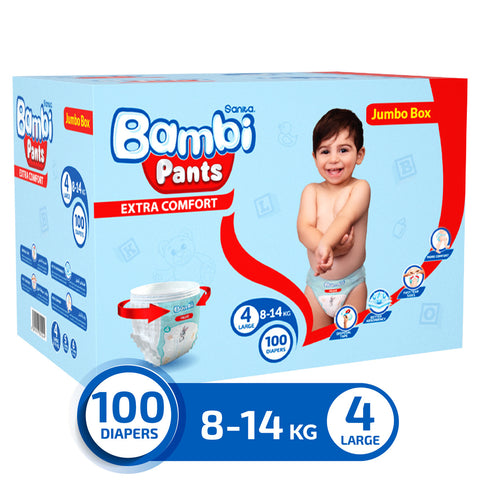 GETIT.QA- Qatar’s Best Online Shopping Website offers SANITA BAMBI BABY DIAPER PANTS SIZE 4 LARGE 8-14 KG 100 PCS at the lowest price in Qatar. Free Shipping & COD Available!