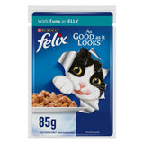 GETIT.QA- Qatar’s Best Online Shopping Website offers PURINA WET CAT FOOD FELIX AS GOOD AS IT LOOKS TUNA IN JELLY 85 G
 at the lowest price in Qatar. Free Shipping & COD Available!