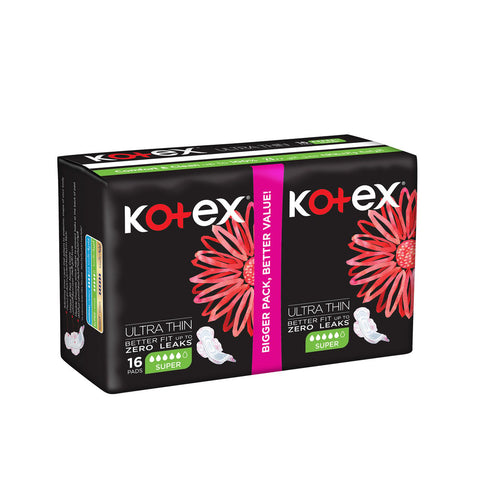 GETIT.QA- Qatar’s Best Online Shopping Website offers KOTEX ULTRA THIN SUPER SIZE SANITARY PADS WITH WINGS 16 PCS at the lowest price in Qatar. Free Shipping & COD Available!