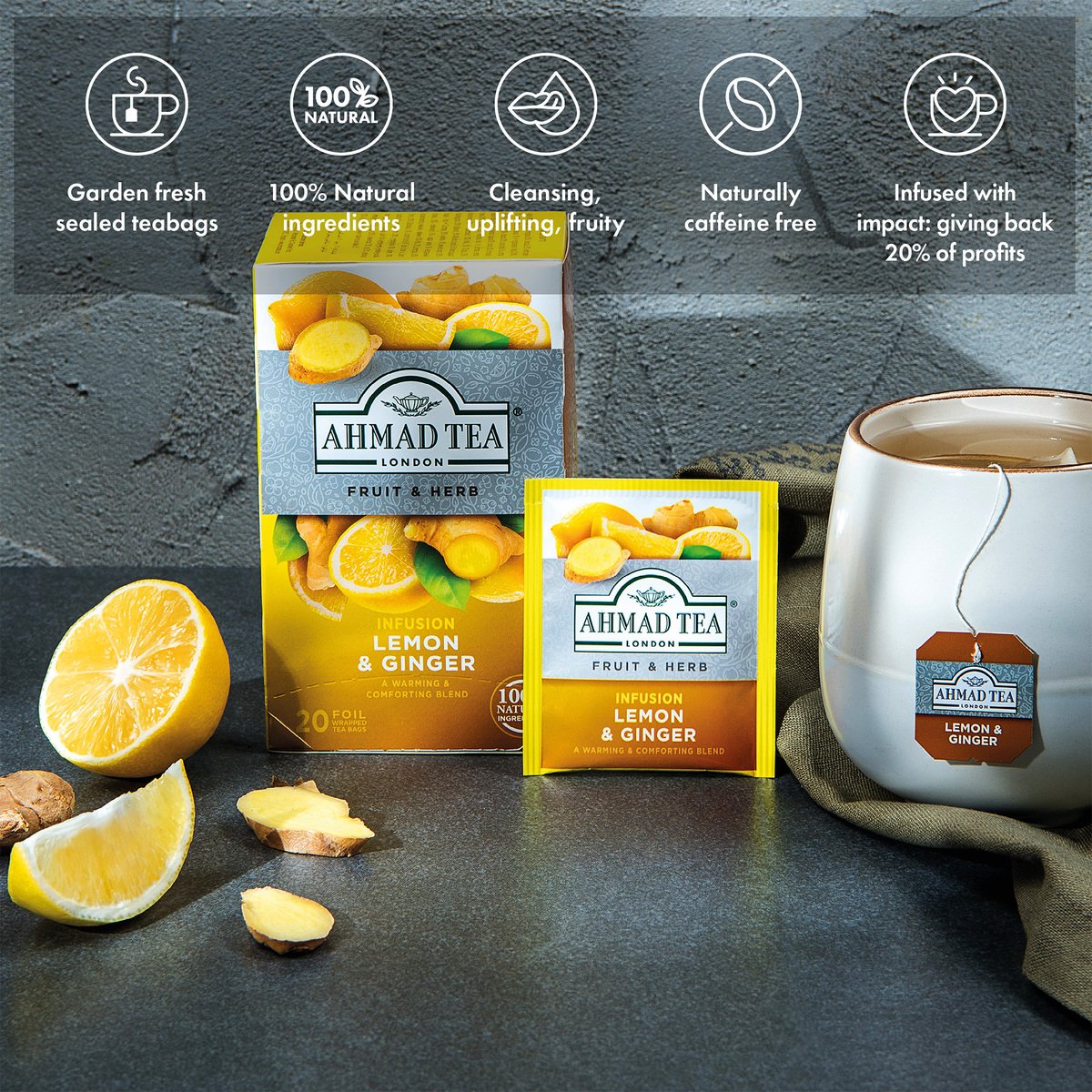 Qatari Tea Powder GETIT.QA | AHMAD TEA LEMON & GINGER TEA 20 TEABAGS | COD available
