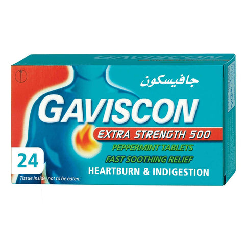 GETIT.QA- Qatar’s Best Online Shopping Website offers GAVISCON HEARTBURN & INDIGESTION RELIEF TABLETS PEPPERMINT EXTRA STRENGTH 500 MG 24 PCS at the lowest price in Qatar. Free Shipping & COD Available!