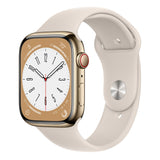 GETIT.QA- Qatar’s Best Online Shopping Website offers APPLE WATCH SERIES 8 GPS + CELLULAR, 45 MM, GOLD STAINLESS STEEL CASE WITH STARLIGHT SPORT BAND, REGULAR at the lowest price in Qatar. Free Shipping & COD Available!