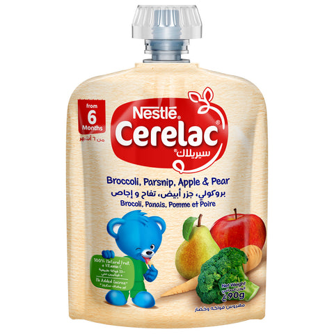 GETIT.QA- Qatar’s Best Online Shopping Website offers NESTLE CERELAC FRUITS & VEGETABLES PUREE POUCH BROCCOLI-- PARSNIP-- APPLE & PEAR FROM 6 MONTHS 90 G at the lowest price in Qatar. Free Shipping & COD Available!