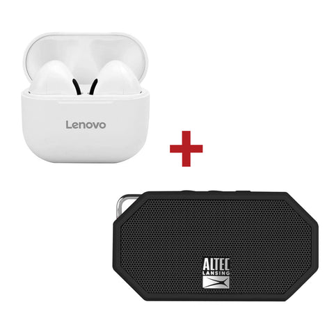 GETIT.QA- Qatar’s Best Online Shopping Website offers LENOVO TRUE WIRELESS STEREO EARBUDS, LP40, WHITE + ALTEC LANSING MINI H20 BLUETOOTH SPEAKER, W258N, BLACK at the lowest price in Qatar. Free Shipping & COD Available!