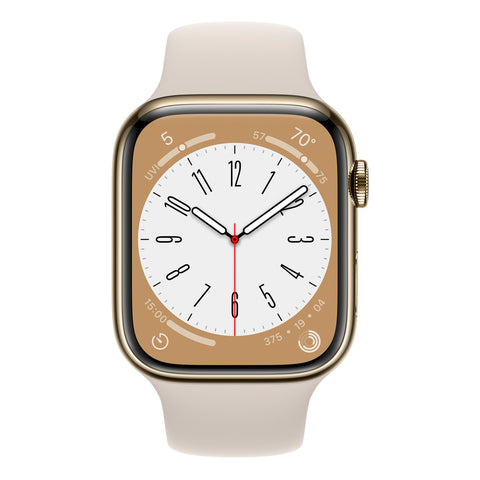 GETIT.QA- Qatar’s Best Online Shopping Website offers APPLE WATCH SERIES 8 GPS + CELLULAR, 45 MM, GOLD STAINLESS STEEL CASE WITH STARLIGHT SPORT BAND, REGULAR at the lowest price in Qatar. Free Shipping & COD Available!