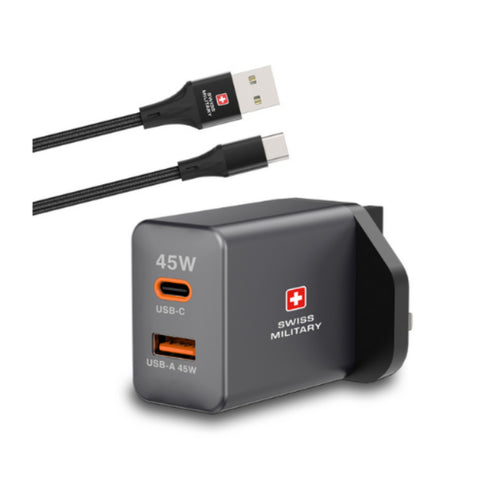 GETIT.QA- Qatar’s Best Online Shopping Website offers SWISS MILITARY 45 W GAN SUPER ADAPTER, 1C1A + USB A TO USB C CABLE, AC60W at the lowest price in Qatar. Free Shipping & COD Available!