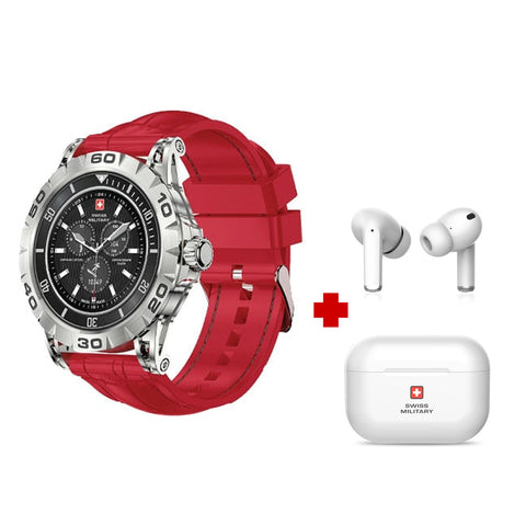 GETIT.QA- Qatar’s Best Online Shopping Website offers SWISS MILITARY SMART WATCH SILICONE STRAP DOM 2 RED + TWS EARBUDS DELTA at the lowest price in Qatar. Free Shipping & COD Available!