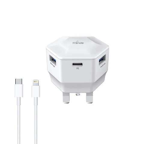 GETIT.QA- Qatar’s Best Online Shopping Website offers TRANDS 30W PD DUAL USB PORTS, TYPE-C PORTS TRAVEL CHARGER WITH TYPE-C TO LIGHTNING CABLE, WHITE at the lowest price in Qatar. Free Shipping & COD Available!