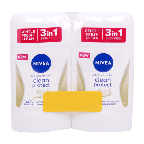 GETIT.QA- Qatar’s Best Online Shopping Website offers NIVEA DEO CLEAN PROTECT ANTI PERSPIRANT STICK-- 2 X 50 ML at the lowest price in Qatar. Free Shipping & COD Available!