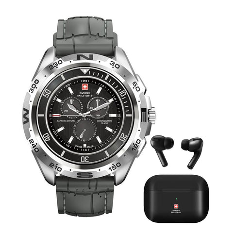 GETIT.QA- Qatar’s Best Online Shopping Website offers SWISS MILITARY SMART WATCH SILICON STRAP DOM GREY + EARBUDS VICTOR at the lowest price in Qatar. Free Shipping & COD Available!