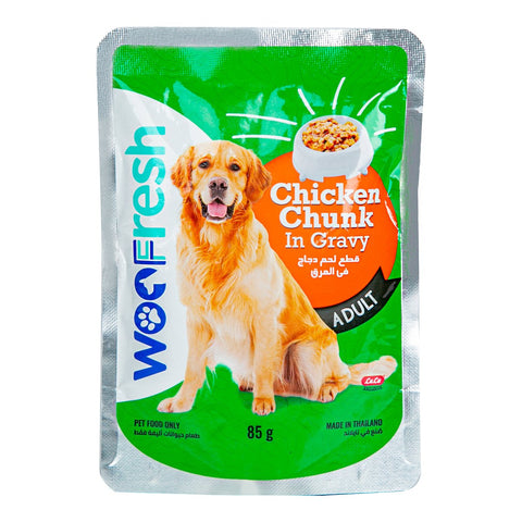 GETIT.QA- Qatar’s Best Online Shopping Website offers WOO FRESH CHICKEN CHUNK IN GRAVY FOR ADULT DOG FOOD 85 G
 at the lowest price in Qatar. Free Shipping & COD Available!