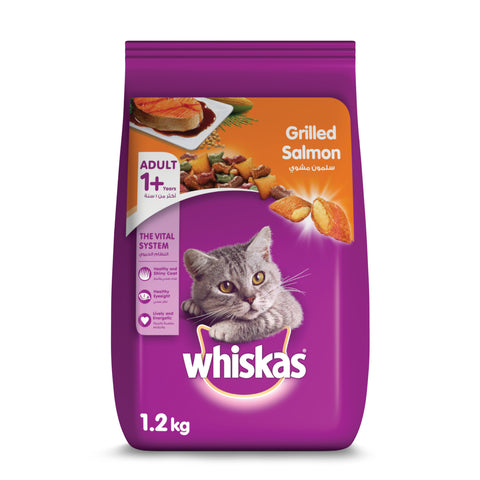 GETIT.QA- Qatar’s Best Online Shopping Website offers WHISKAS GRILLED SALMON DRY FOOD FOR ADULT CATS 1+ YEARS 1.2 KG
 at the lowest price in Qatar. Free Shipping & COD Available!