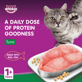 GETIT.QA- Qatar’s Best Online Shopping Website offers WHISKAS WET CAT FOOD TUNA MADE WITH REAL FISH FOR ADULT CATS 1+ YEARS 12 X 80 G at the lowest price in Qatar. Free Shipping & COD Available!