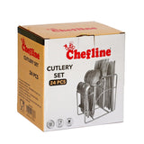 GETIT.QA- Qatar’s Best Online Shopping Website offers CHEFLINE STAINLESS STEEL CUTLERY + STAND JCNHK196 24PCS at the lowest price in Qatar. Free Shipping & COD Available!
