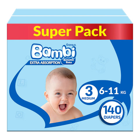GETIT.QA- Qatar’s Best Online Shopping Website offers SANITA BAMBI BABY DIAPER SIZE 3 MEDIUM 6-11KG 140 PCS at the lowest price in Qatar. Free Shipping & COD Available!