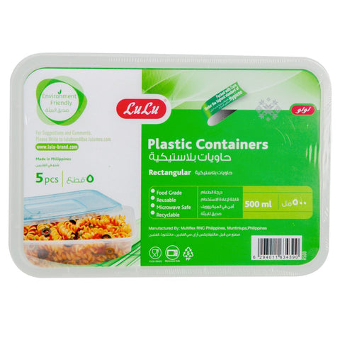 GETIT.QA- Qatar’s Best Online Shopping Website offers LULU PLASTIC CONTAINERS RECTANGULAR 500ML 5PCS at the lowest price in Qatar. Free Shipping & COD Available!