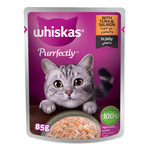 GETIT.QA- Qatar’s Best Online Shopping Website offers WHISKAS PURRFECTLY FISH WITH TUNA & SALMON WET CAT FOOD FOR ADULT CATS 85 G
 at the lowest price in Qatar. Free Shipping & COD Available!