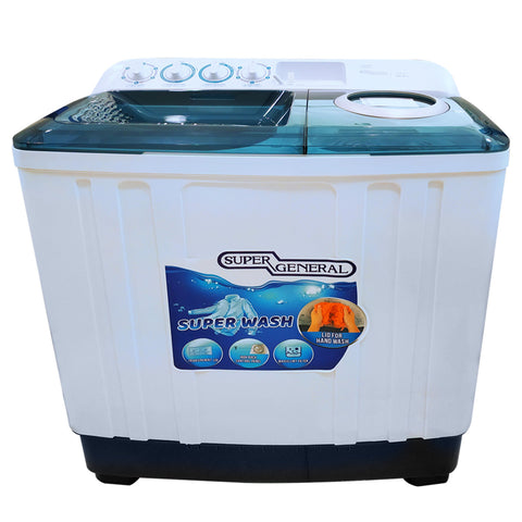 GETIT.QA- Qatar’s Best Online Shopping Website offers SUPER GENERAL TOP LOAD TWIN-TUB SEMI-AUTOMATIC WASHING MACHINE, 12 KG, WHITE/BLUE, SGW125 at the lowest price in Qatar. Free Shipping & COD Available!