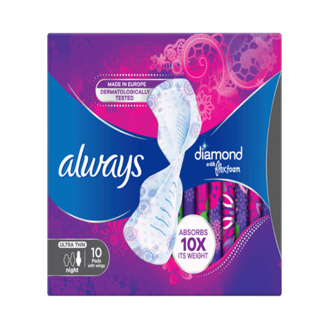 GETIT.QA- Qatar’s Best Online Shopping Website offers ALWAYS DIAMOND FLEXFOAM LARGE SANITARY PADS WITH WINGS 10PCS at the lowest price in Qatar. Free Shipping & COD Available!